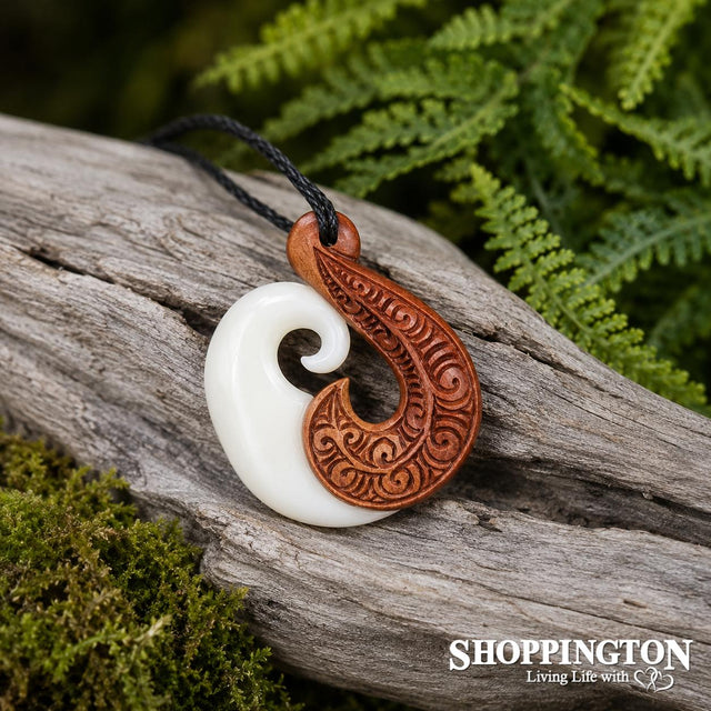 Bone and Wood Fish Hook Pendant with Carving