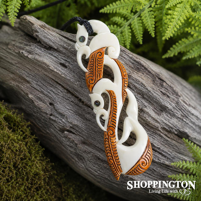 Bone and Wood Stain Toki with Double Manaia - Pendant
