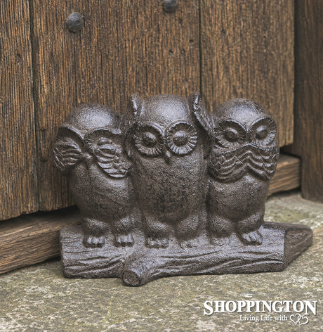 Cast Iron Door Stop - Hear No See No Speak No Evil Owl
