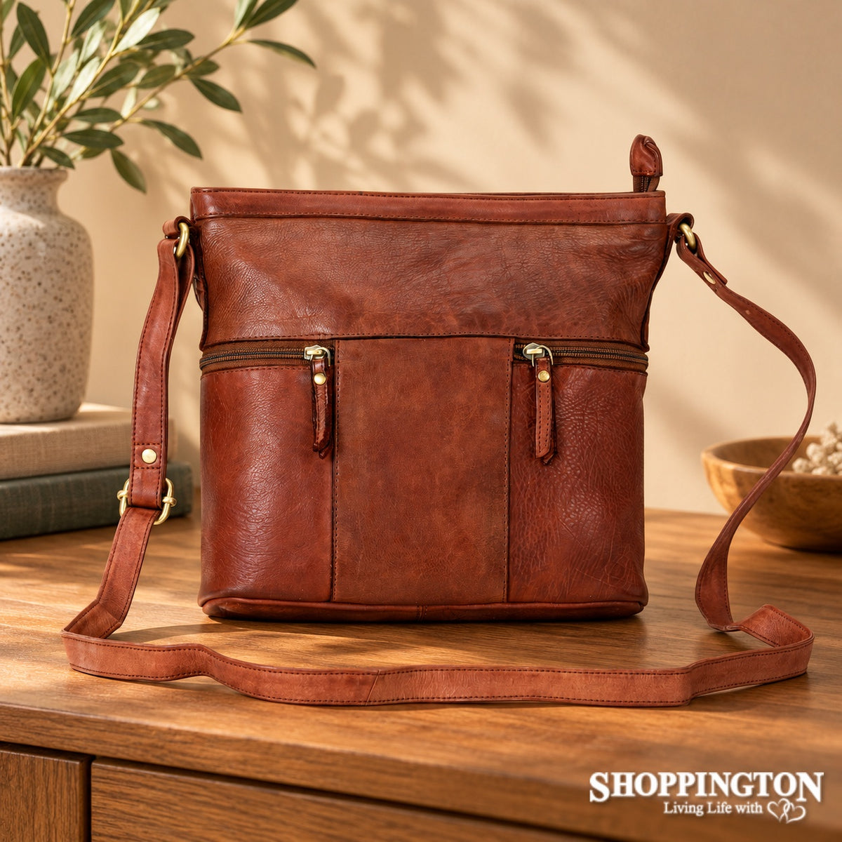 100% Leather Rivera Crossbody Bag - Cognac