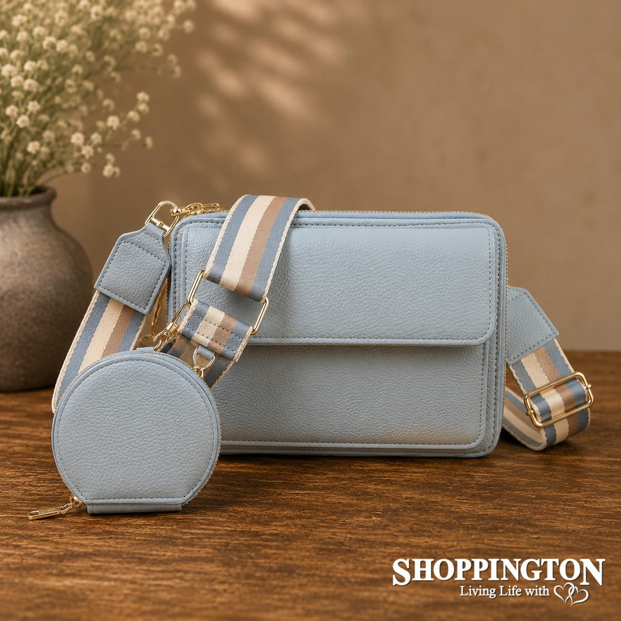 Crossbody Handbag Triple Compartment with Coin Purse - Baby Blue