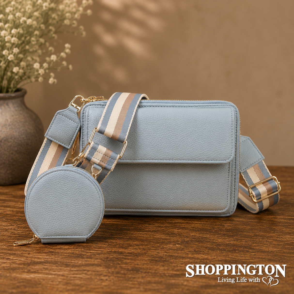 Crossbody Handbag Triple Compartment with Coin Purse - Baby Blue