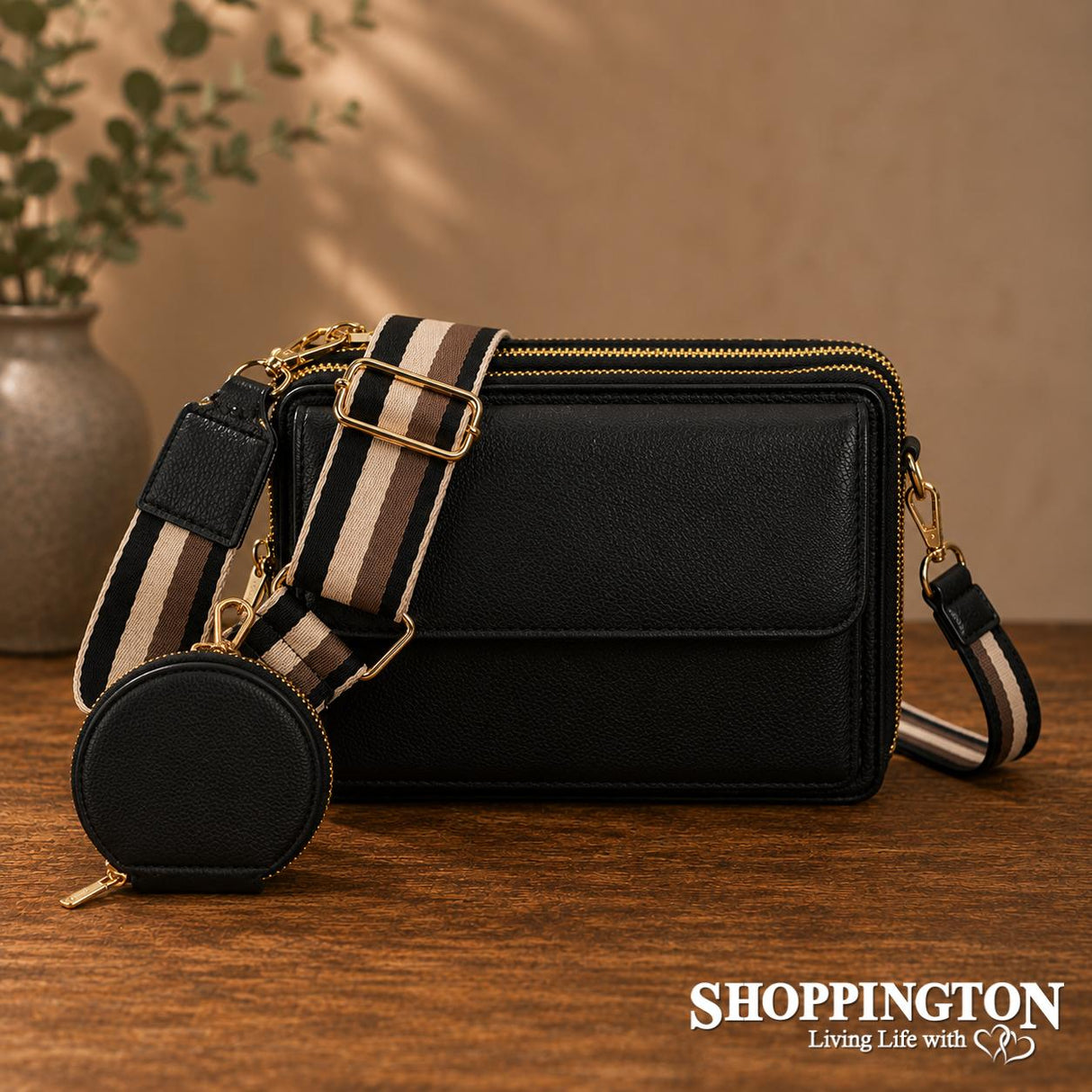 Crossbody Handbag Triple Compartment with Coin Purse - Black