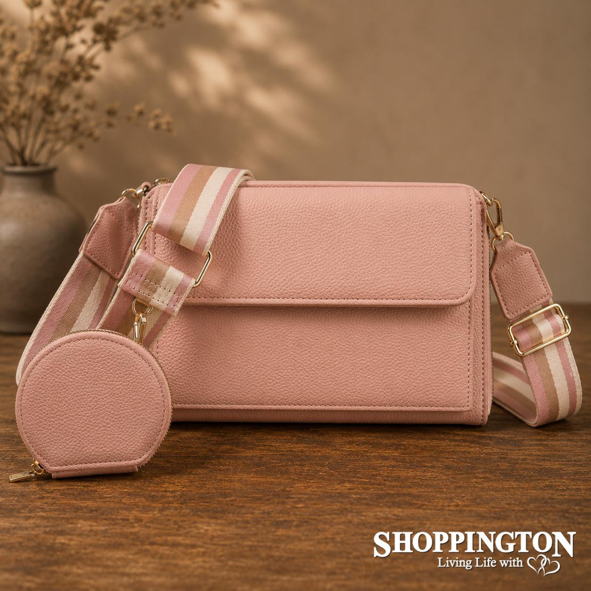 Crossbody Handbag Triple Compartment with Coin Purse - Pink