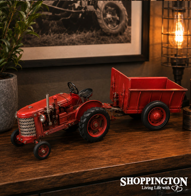 Die Cast Metal Red Vintage Tractor and Trailer