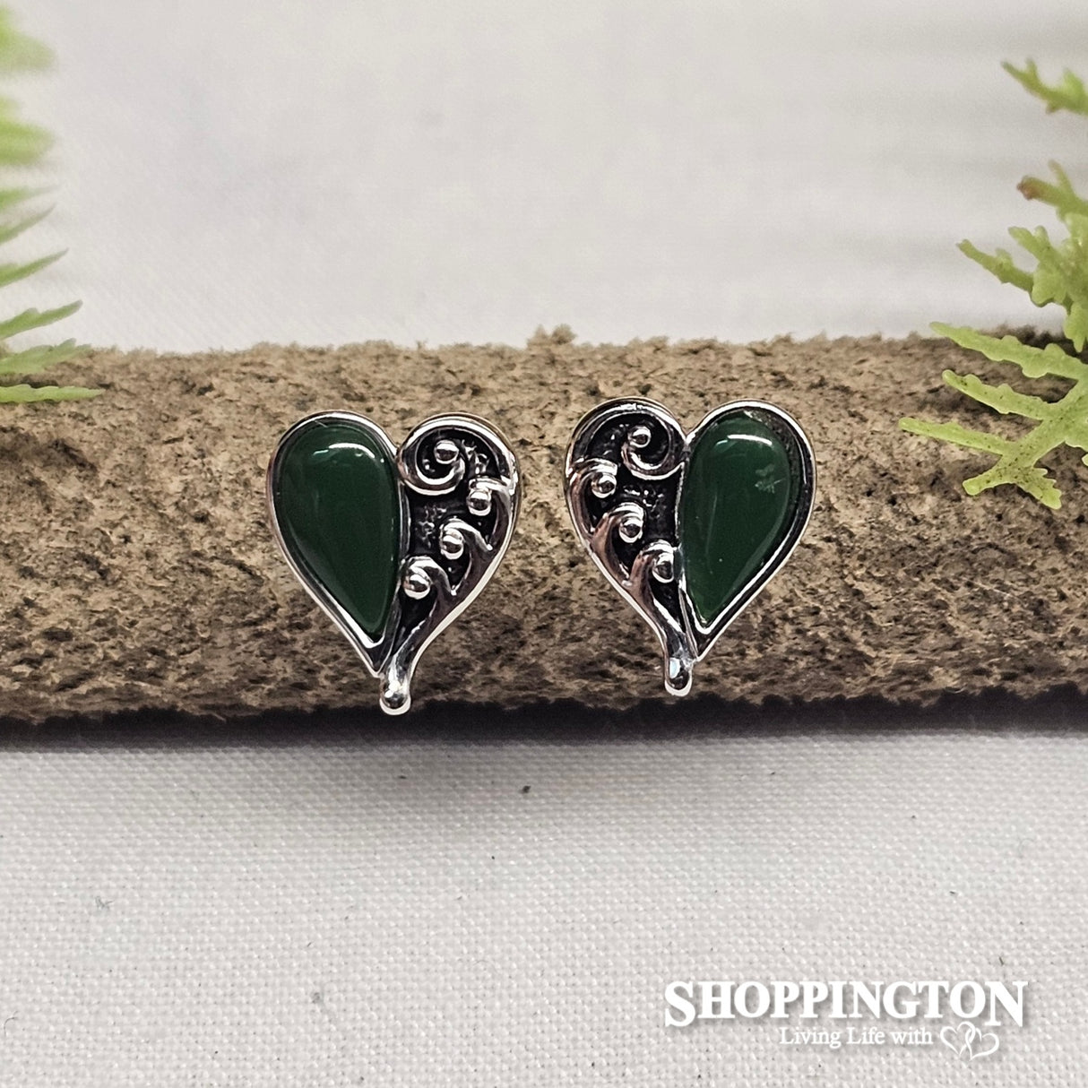 Earrings - Green Fern Heart Studs