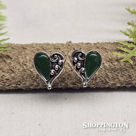 Earrings - Green Fern Heart Studs