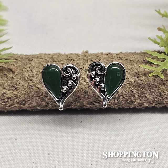 Earrings - Green Fern Heart Studs