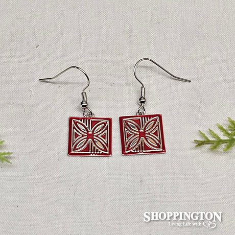 Earrings - Square Pasifika Pattern Red