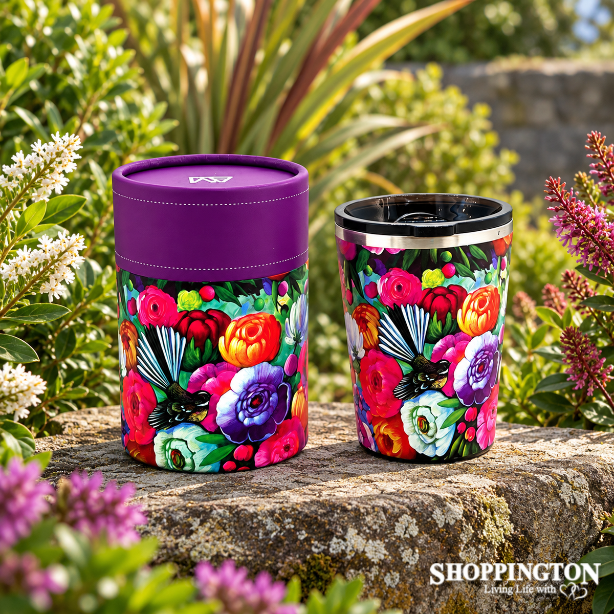 NZ Artist Travel Mug - Fantail & Peony Rose 12oz