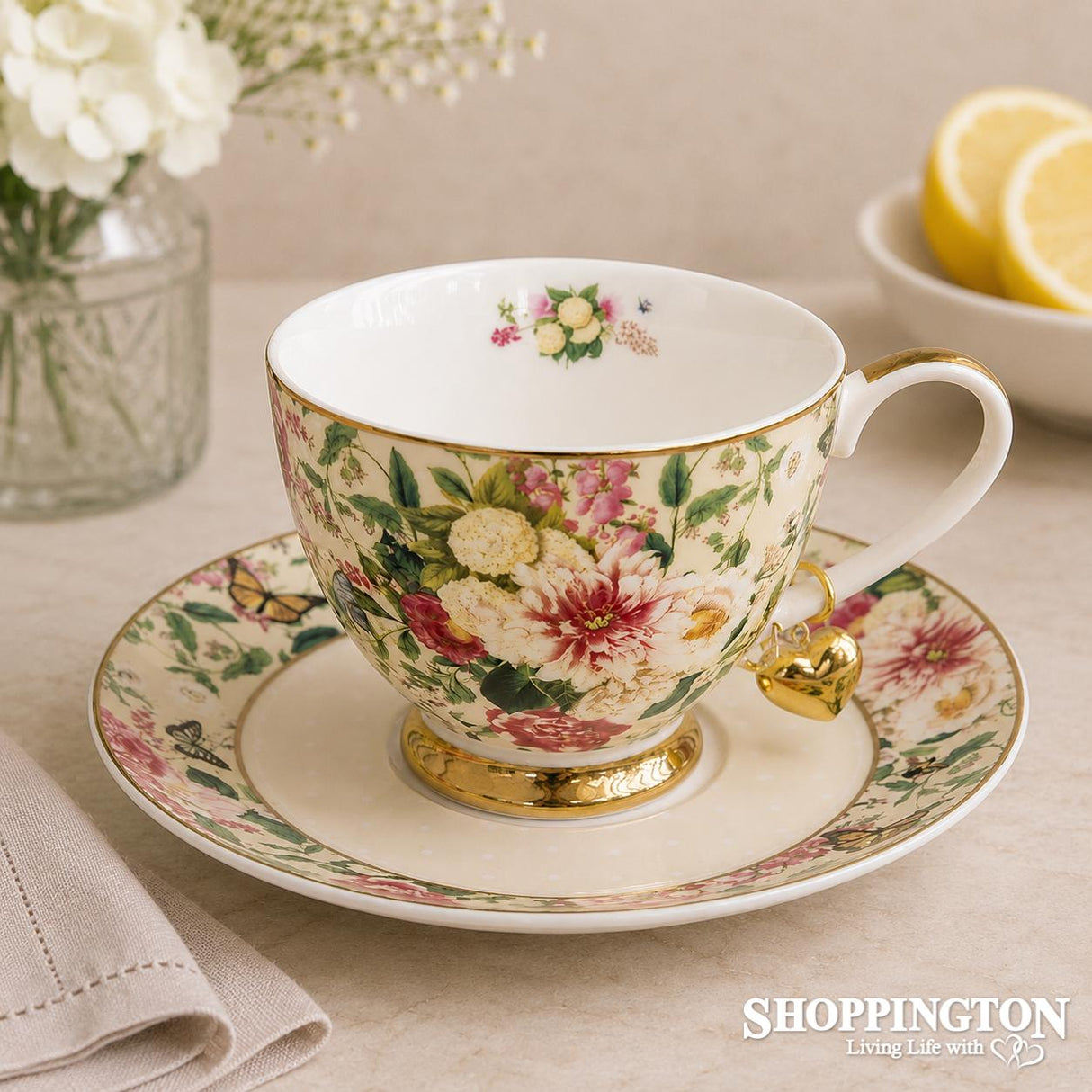 Floral Garden - Cream Tea Cup & Saucer Set