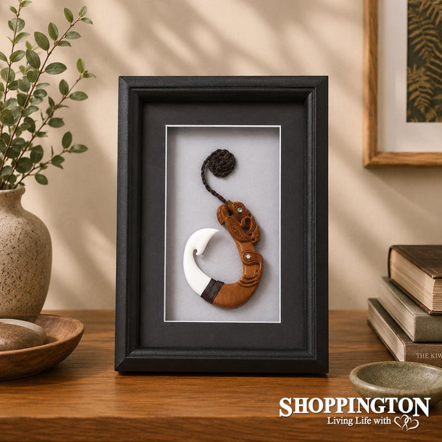 Framed Maori Art Work - Wood and Bone Matau & Manaia