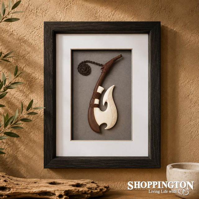 Framed Maori Art Work - Wood and Bone Matau