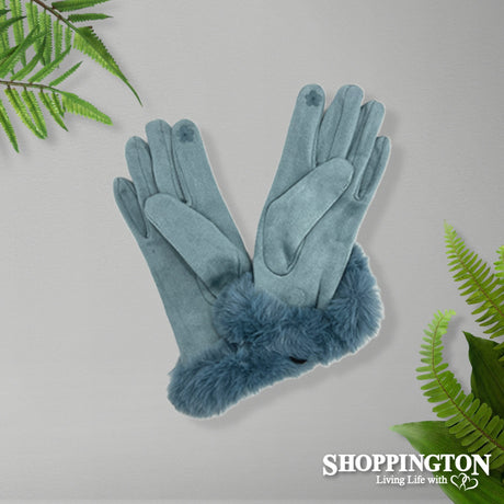 Gloves - Suede Fur Trim Blue