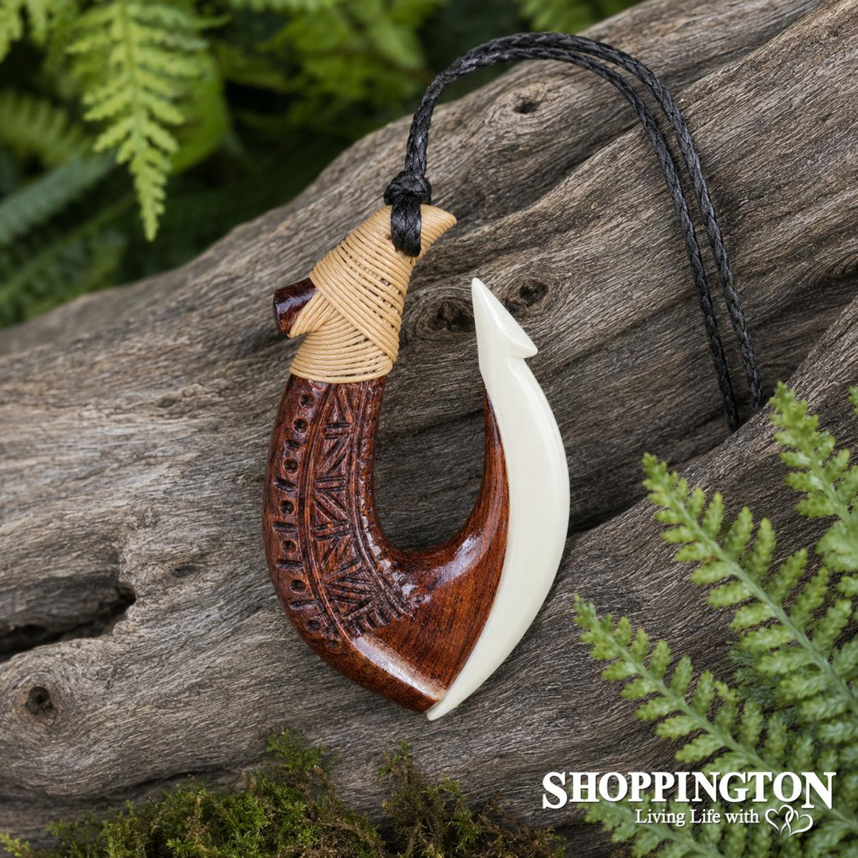 Hei Matau Bone and Wood Fish Hook Necklace