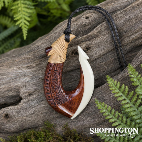 Hei Matau Bone and Wood Fish Hook Necklace