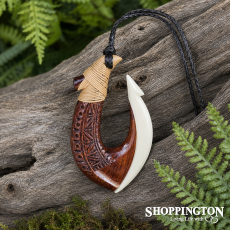 Hei Matau Bone and Wood Fish Hook Necklace