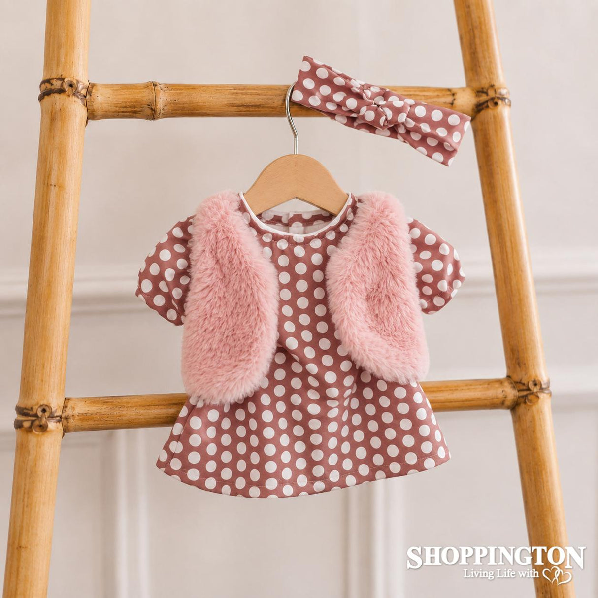 Hopscotch Dolls Clothes - Pink Polk Dot & Fur Vest