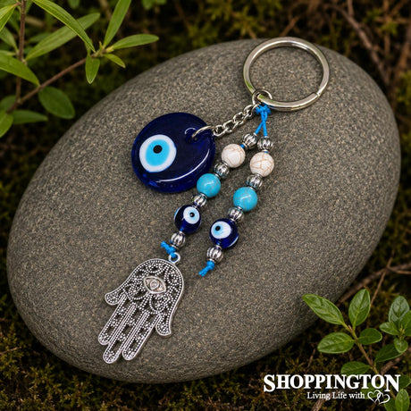 Keyring - Hamsa Evil Eye with Turquoise (Howlite) Beads