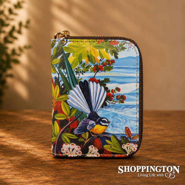 Leather NZ Print Card Wallet - Ocean Fantail - Irina Velman