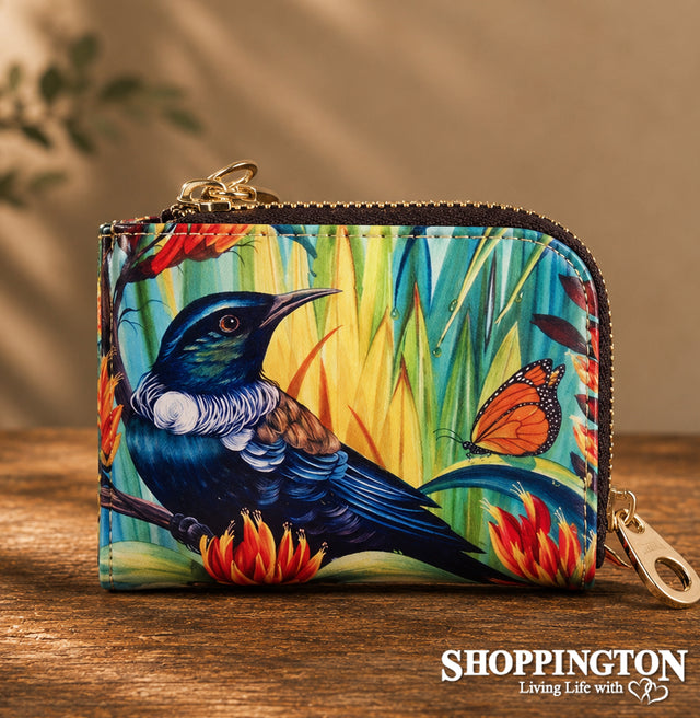 Leather NZ Print Card Wallet - Tui - Irina Velman