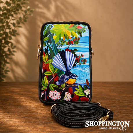 Leather NZ Print Shoulder/Cellphone Bag - Ocean Fantail - Irina Velman