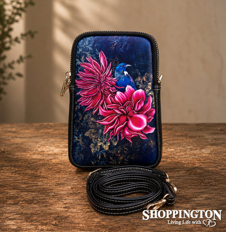 Leather NZ Print Shoulder/Cellphone Bag - Tui In Dahlia's - Anita Madhav