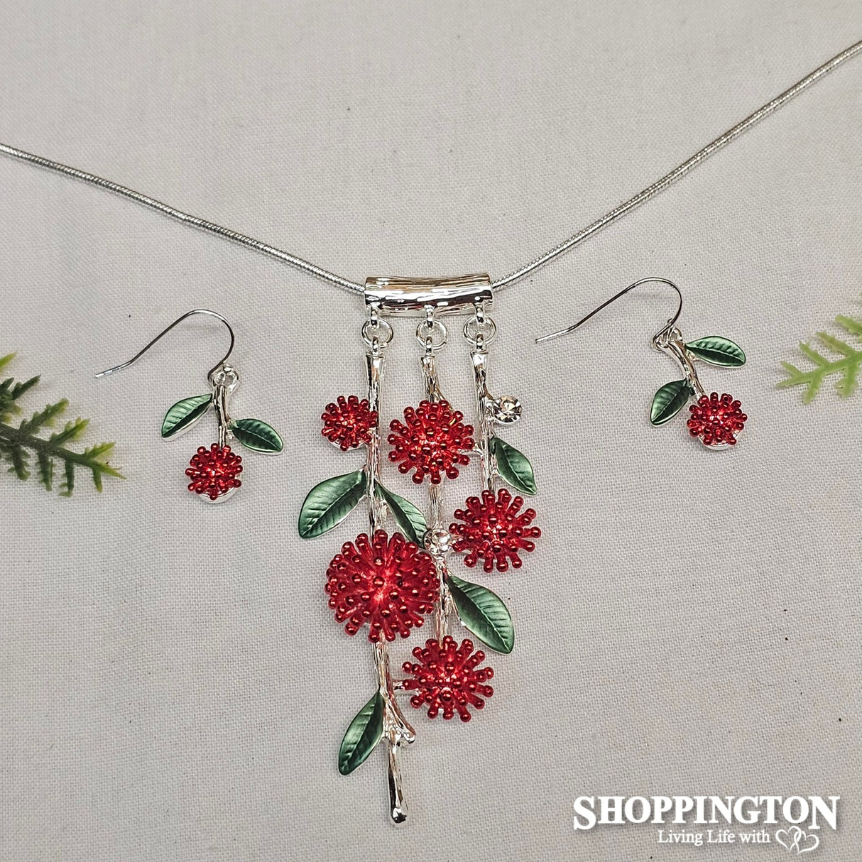 Necklace - Red & Silver Pohutukawa Branch Set