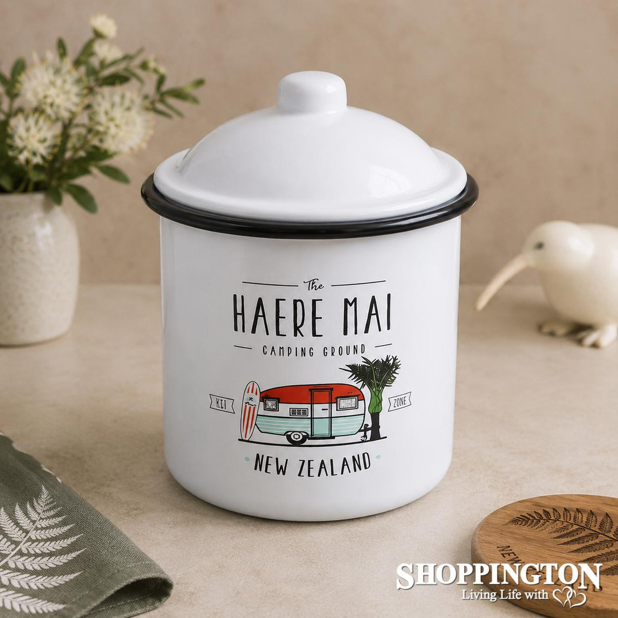 Moana Road Enamel Canister - Haere Mai