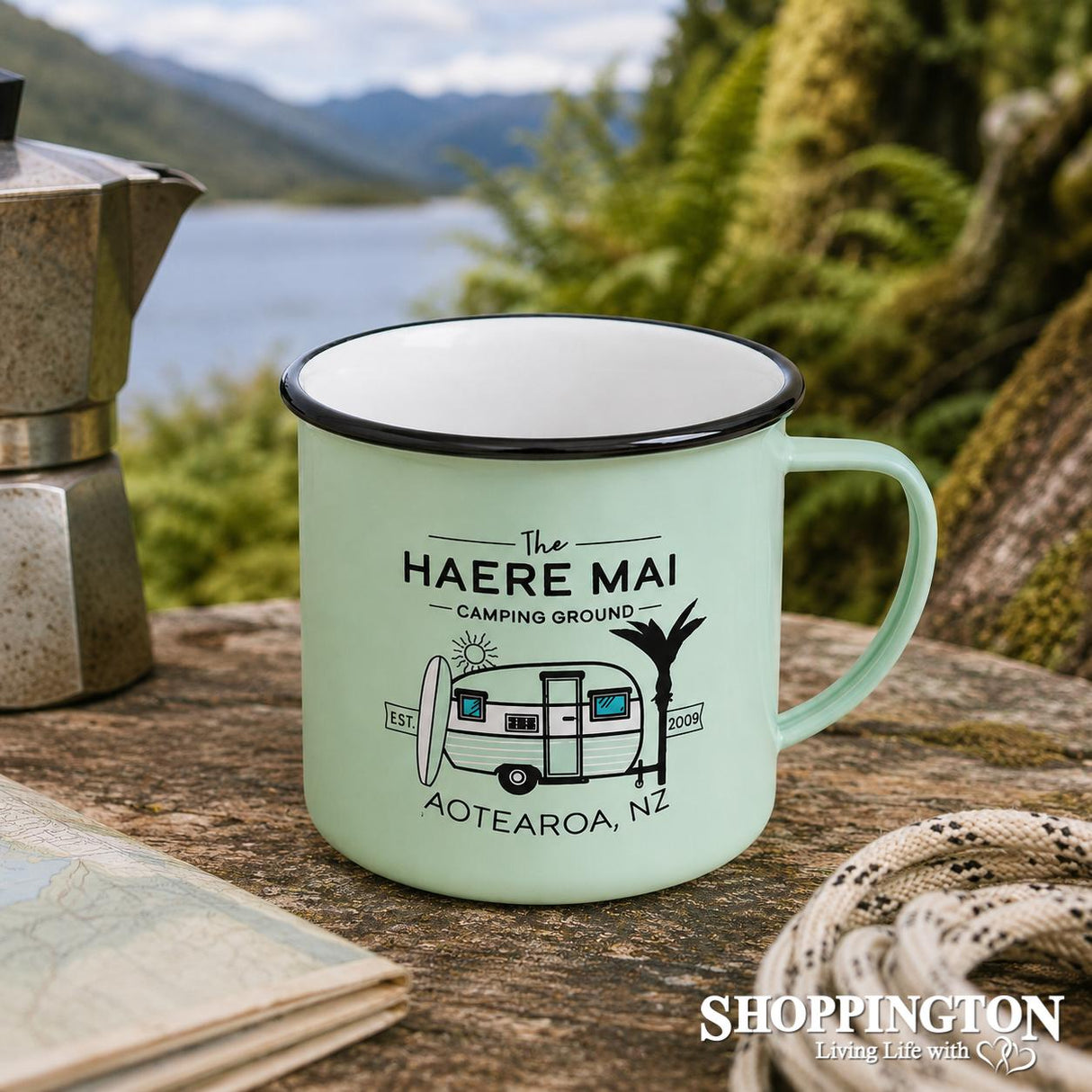 Moana Road Enamel Mug - Haere Mai Camping Ground