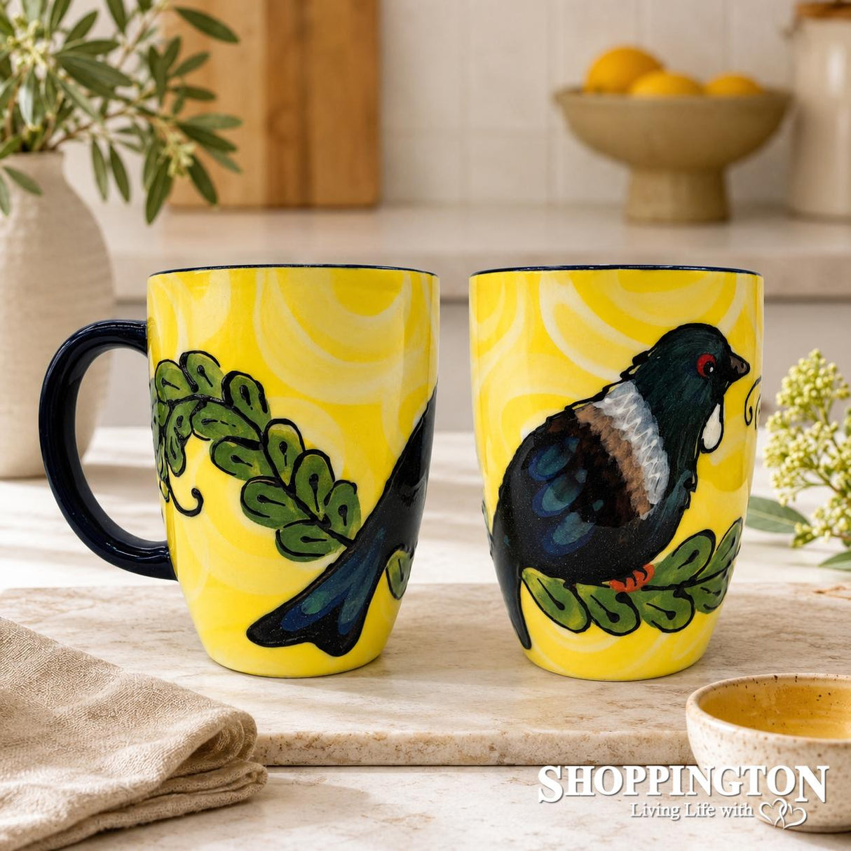 NZ Made Hand Painted - Yellow/Blue Tui Blokes Mug