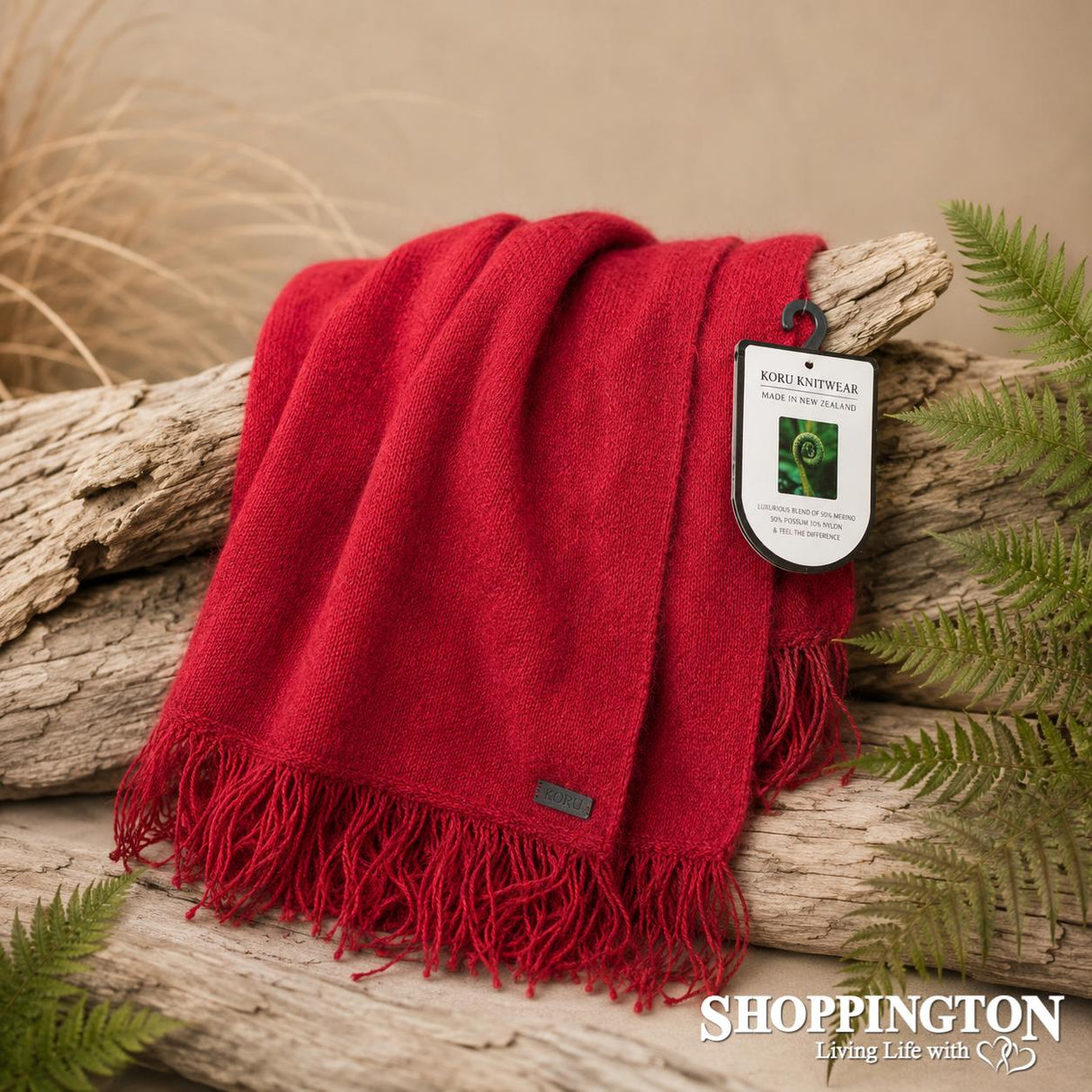 NZ Made Koru Knitwear - Possum Merino Scarf / Red