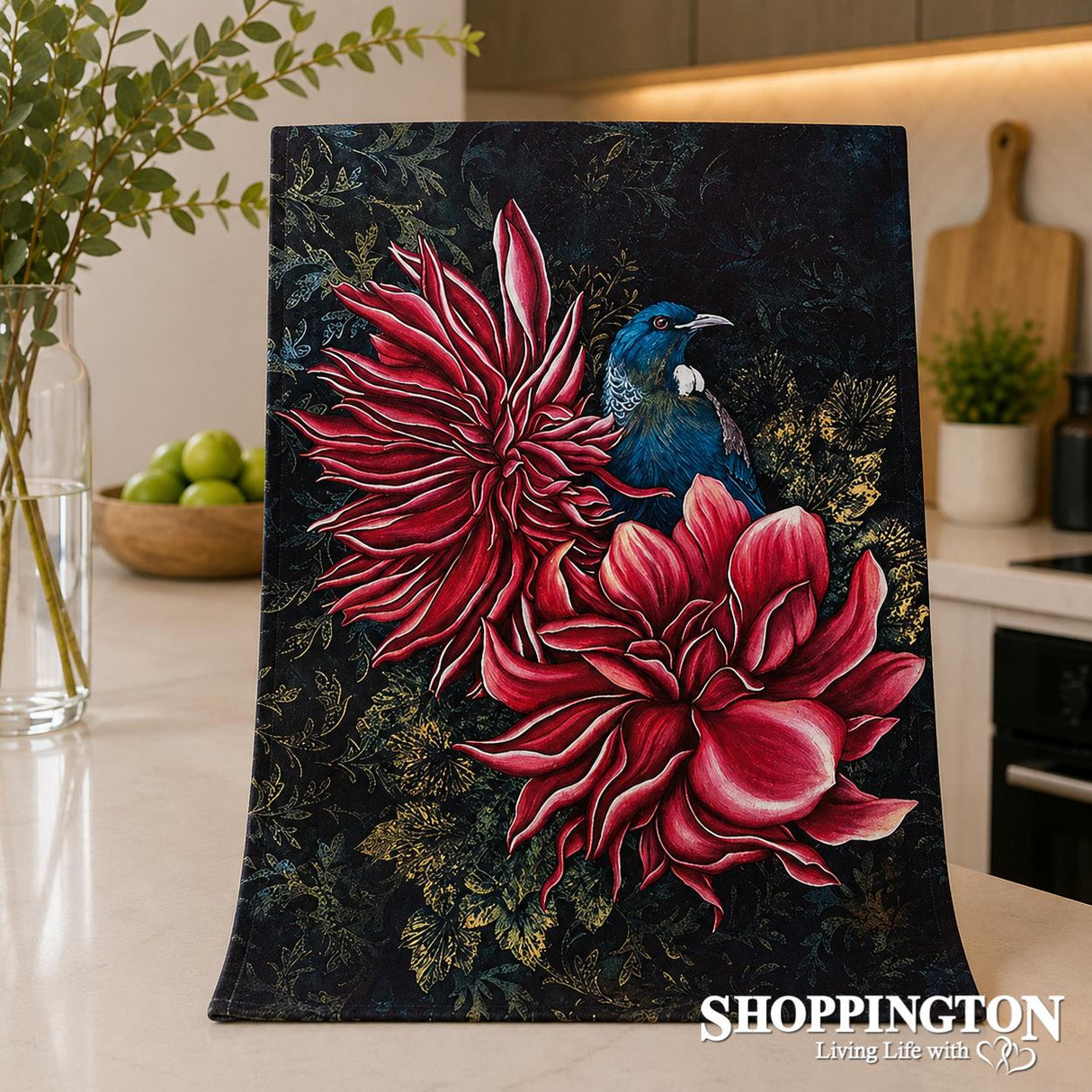 NZ Print Tea Towel - Tui in the Dahlias - Anita Madhav