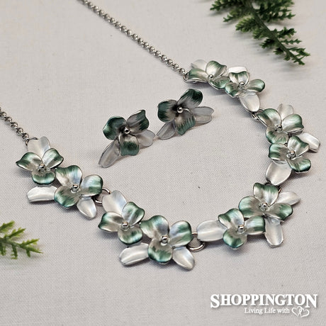 Necklace - Green Flower Necklace & Earrings Set