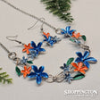 Necklace - Navy/Orange Flower Necklace & Earrings Set