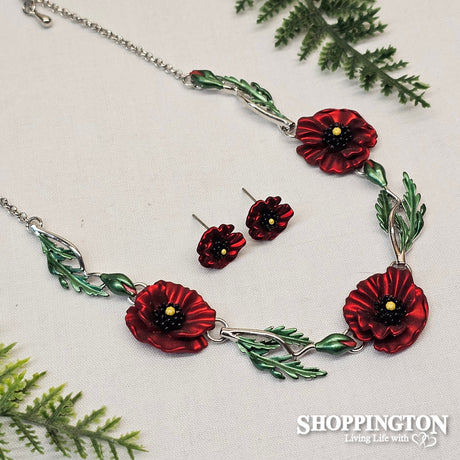 Necklace - Red Poppy & Leaves