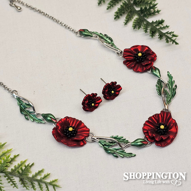 Necklace - Red Poppy & Leaves
