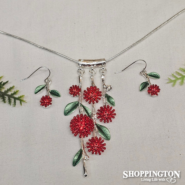 Necklace - Red & Silver Pohutukawa Branch Set