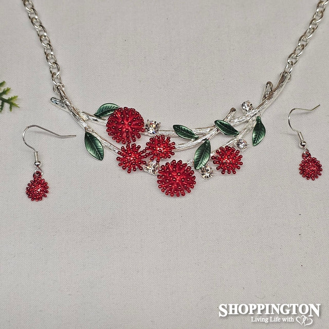 Necklace - Red & Silver Pohutukawa Set