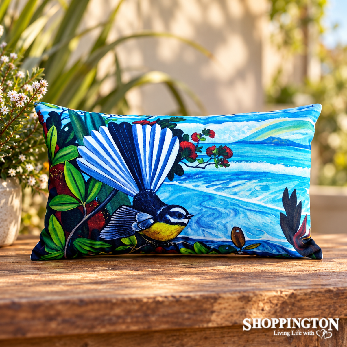 Cushion Rectangle - NZ Print - Ocean Fantail - Irina Velman