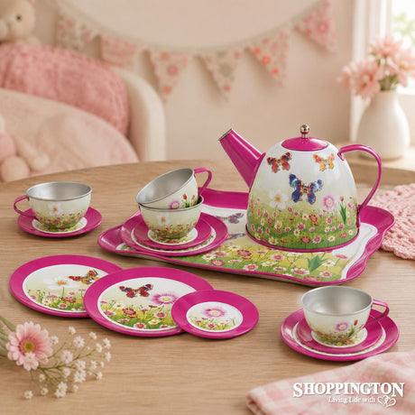 Pink Butterfly Tin Tea Set