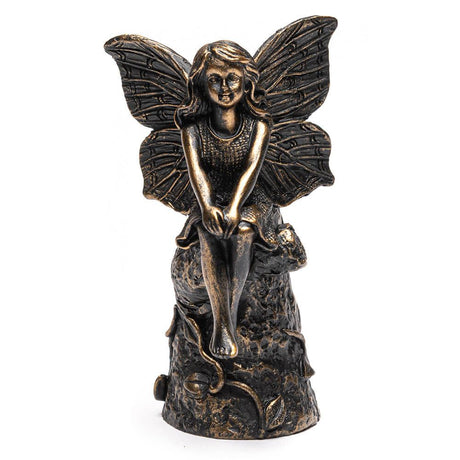Plant Stake Topper: Antique Bronze Fairy Sitting On Tree Stump