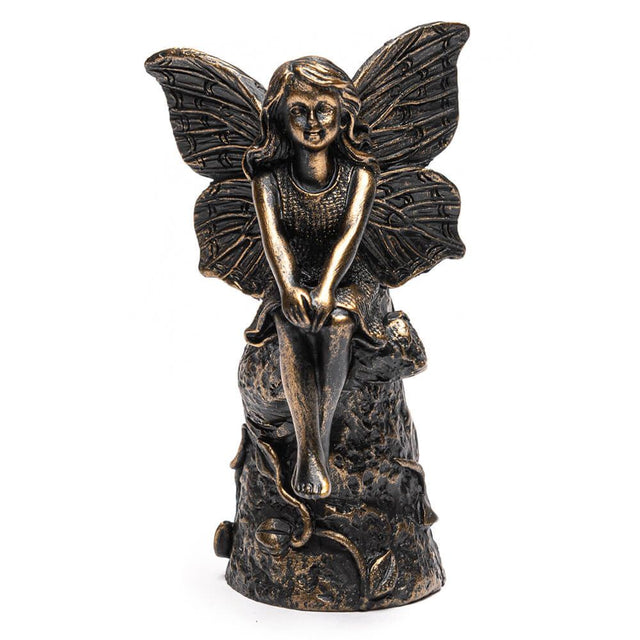 Plant Stake Topper: Antique Bronze Fairy Sitting On Tree Stump