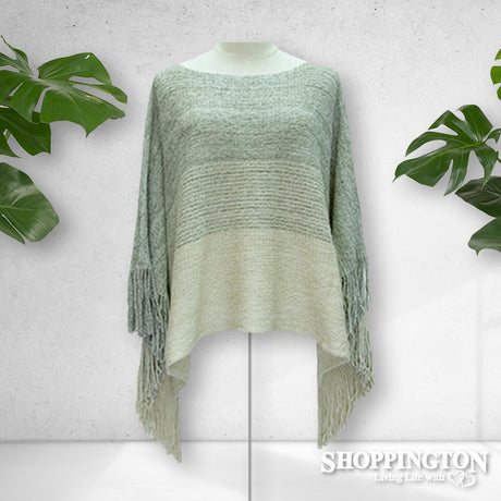Poncho - Fringed Horizontal Stripe - Cream