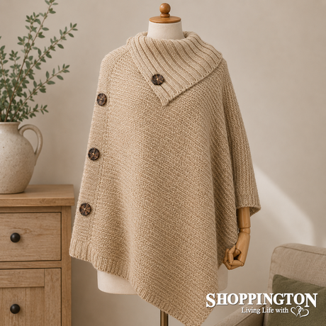 Poncho - Large Wooden Side Buttons - Beige