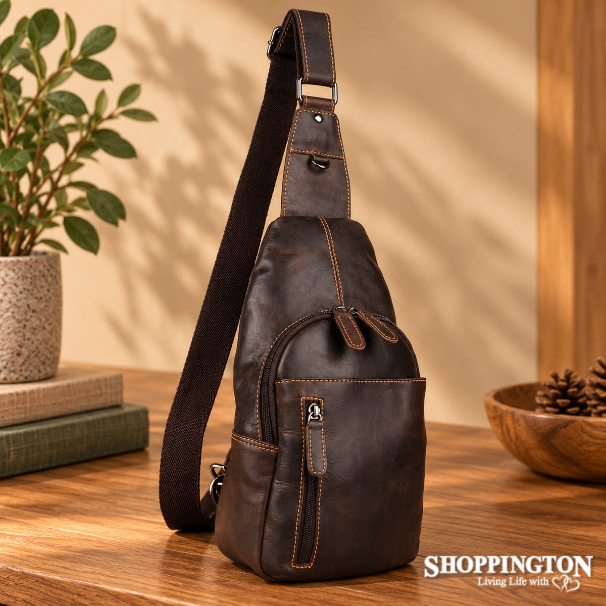 100% Leather Lennox Sling Bag - Dark Brown