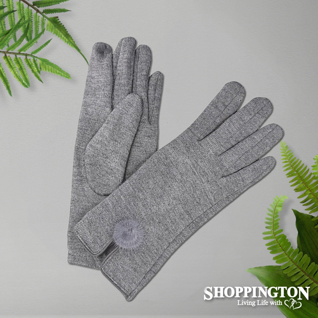 Gloves - Velour Stretch with Pompom - Grey