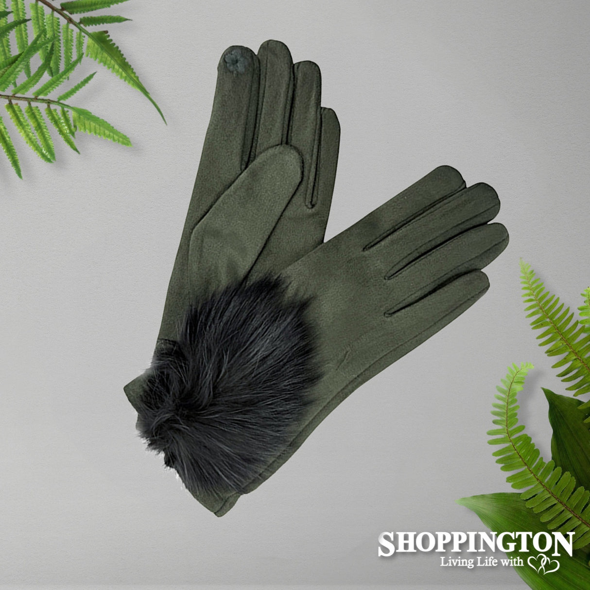 Gloves - Suede with large Pompom - Olive