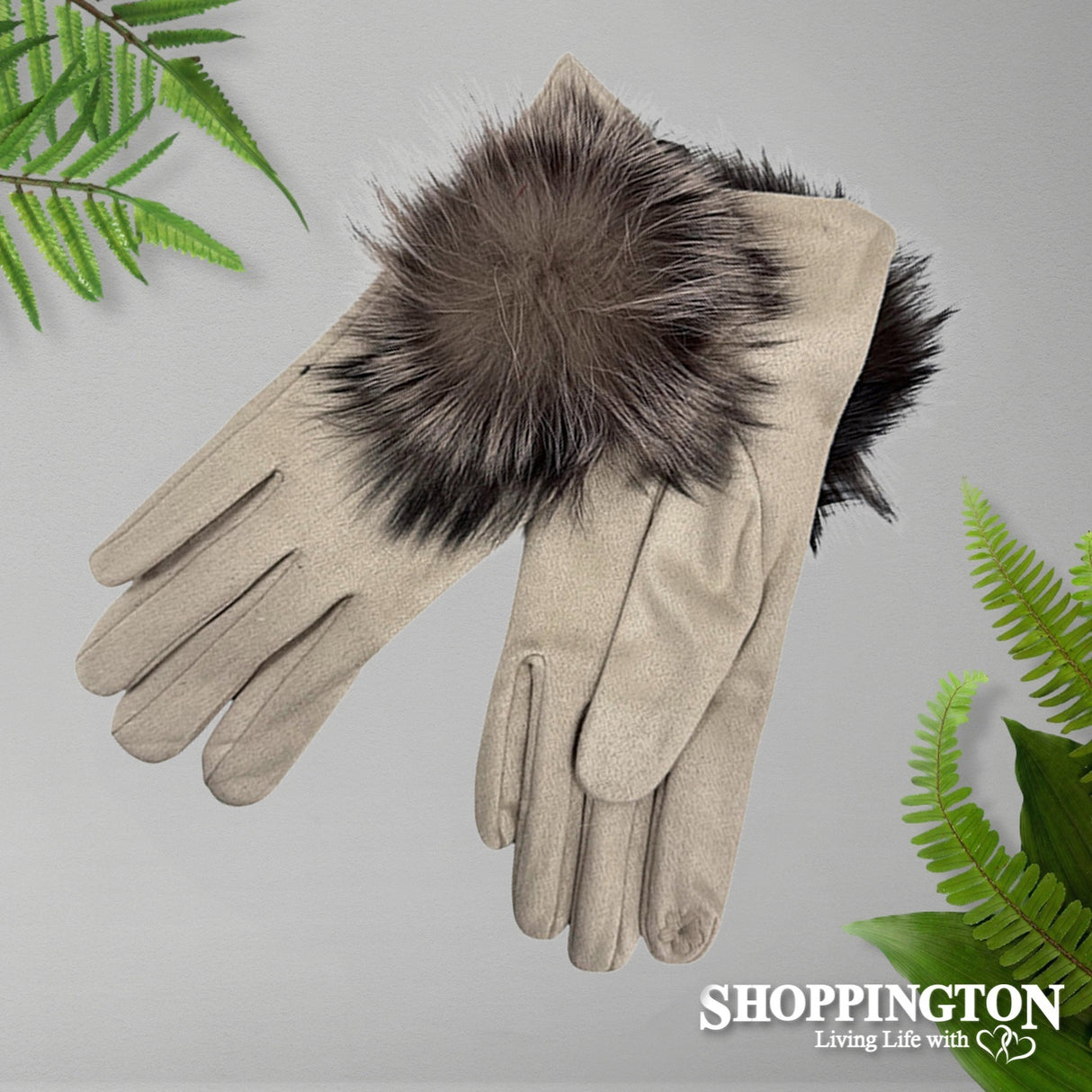 Gloves - Suede with large Pompom - Beige