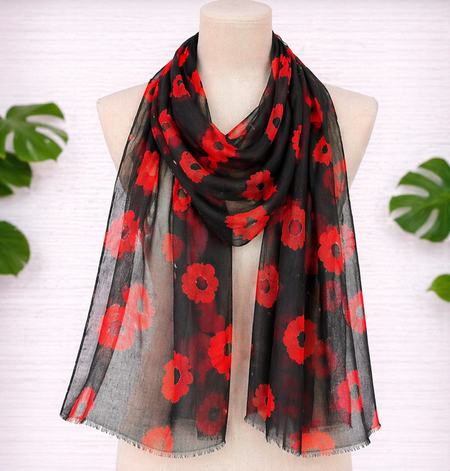 Scarf - Black & Red Floral